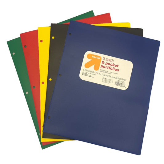 Colorful binders with a label on a light gray background