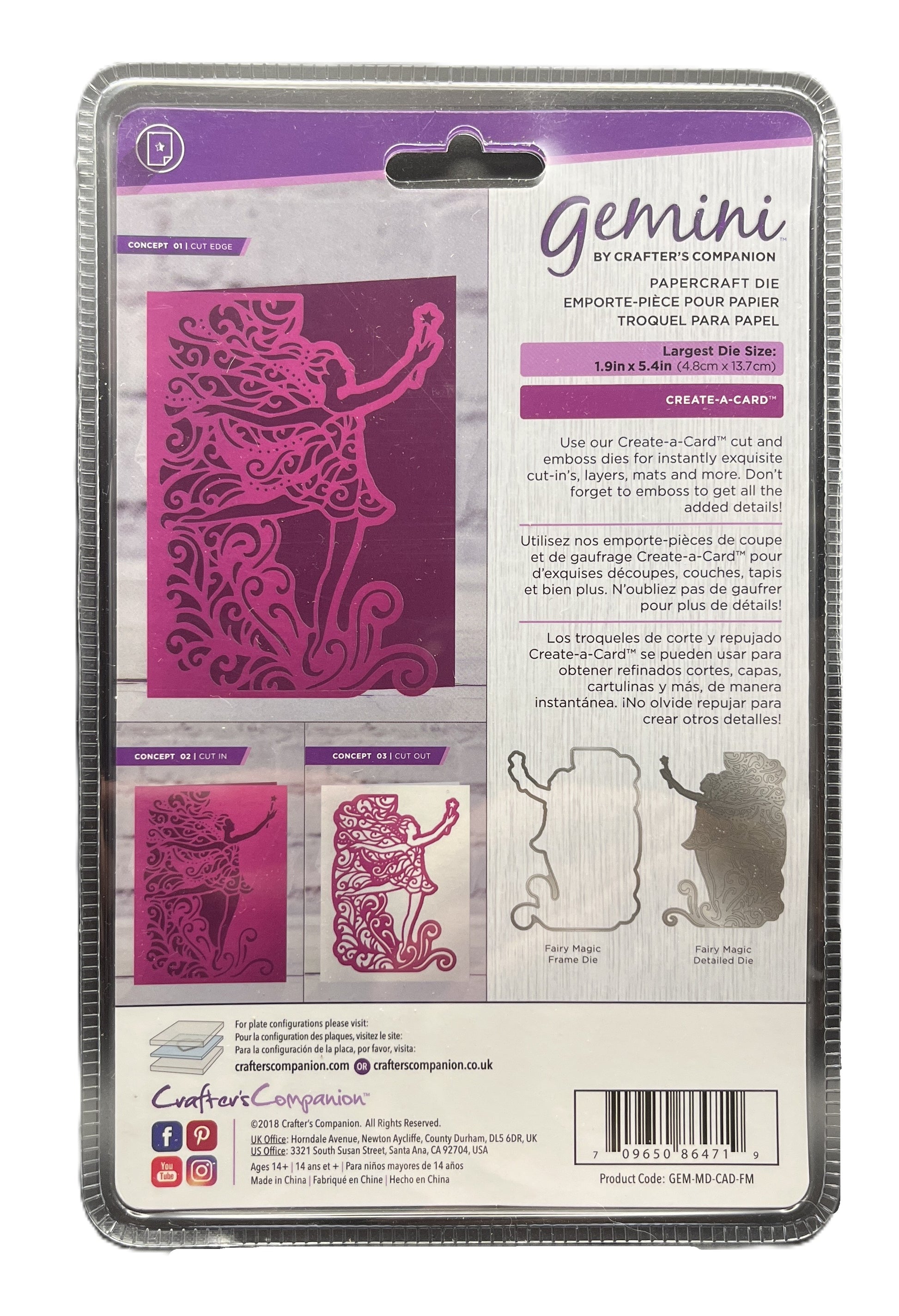 Packaging of Gemini by Crafter's Companion paper craft die with purple and white design.