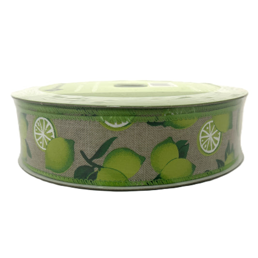 Limes on Linen Look - 1.5” x 50 yds - Wire Edged Premium Ribbon