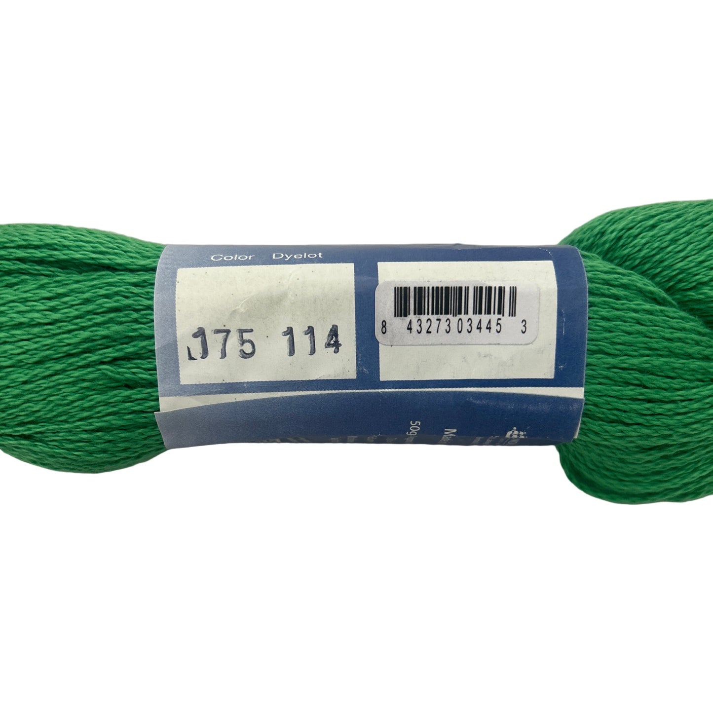 Green skein of yarn with a label on a white background