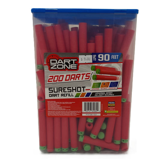 Pack of Dart Zone darts with red shafts and green nocks, featuring a blue lid.