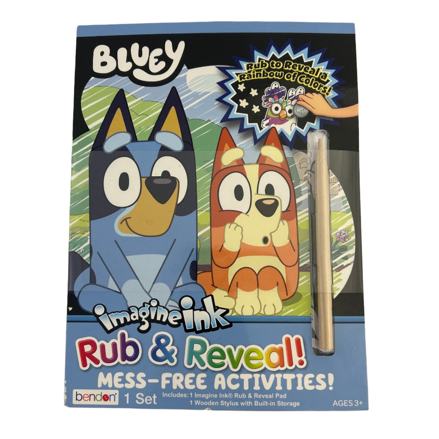 Bluey imagineink Rub & Reveal activity set packaging with characters and text.