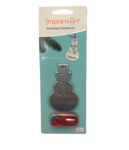 Snowman ornament packaging with 'ImpressArt' branding on a light gray background