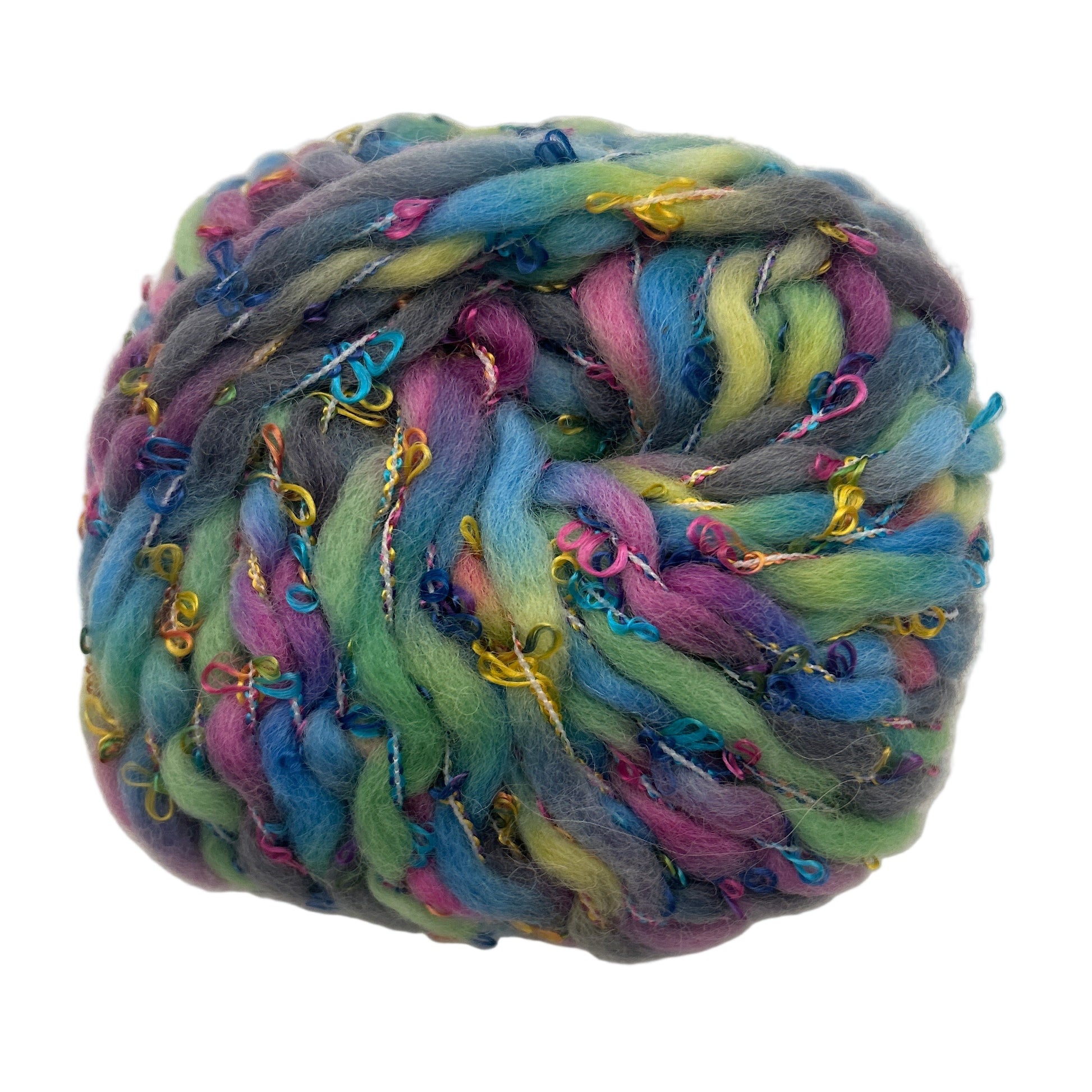 Multicolored skein of yarn on a white background