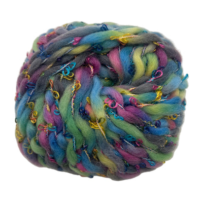 Multicolored skein of yarn on a white background