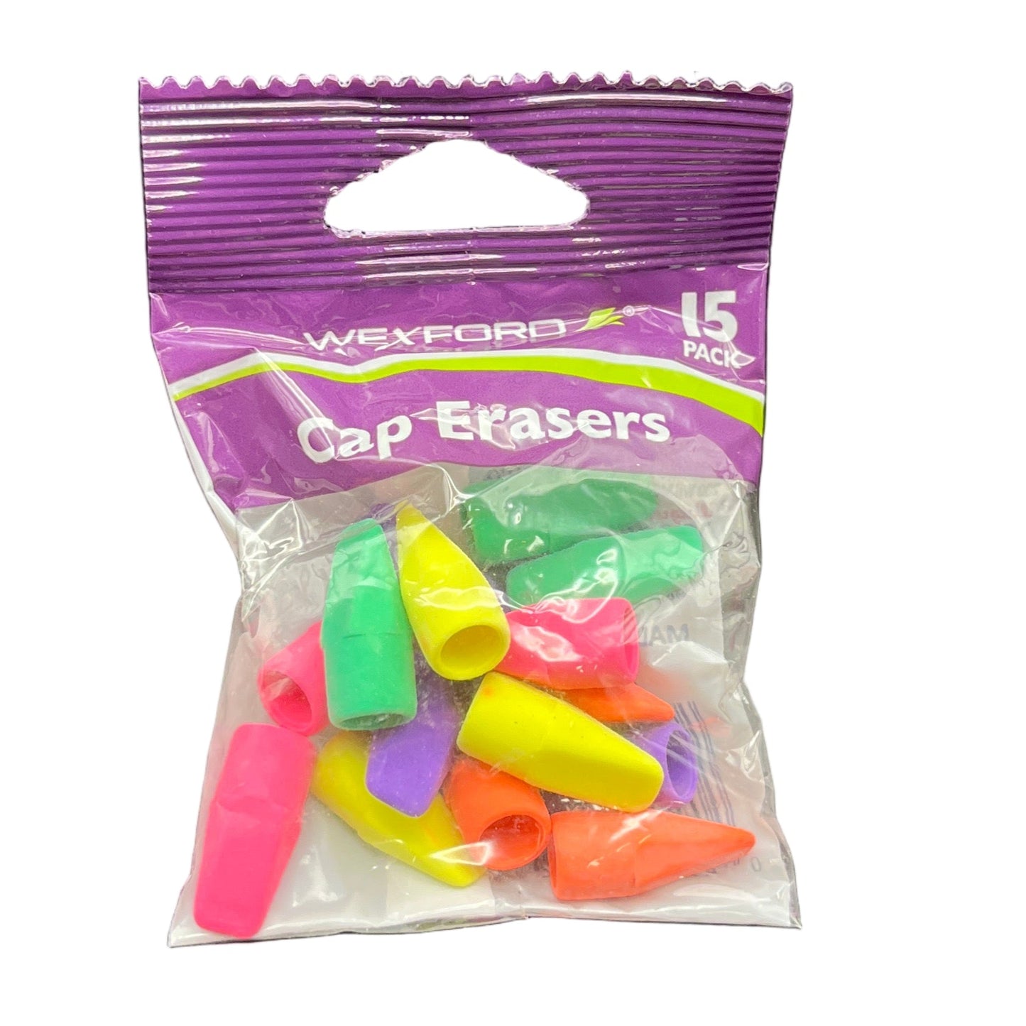 Pack of colorful cap erasers with Wexford branding on a white background