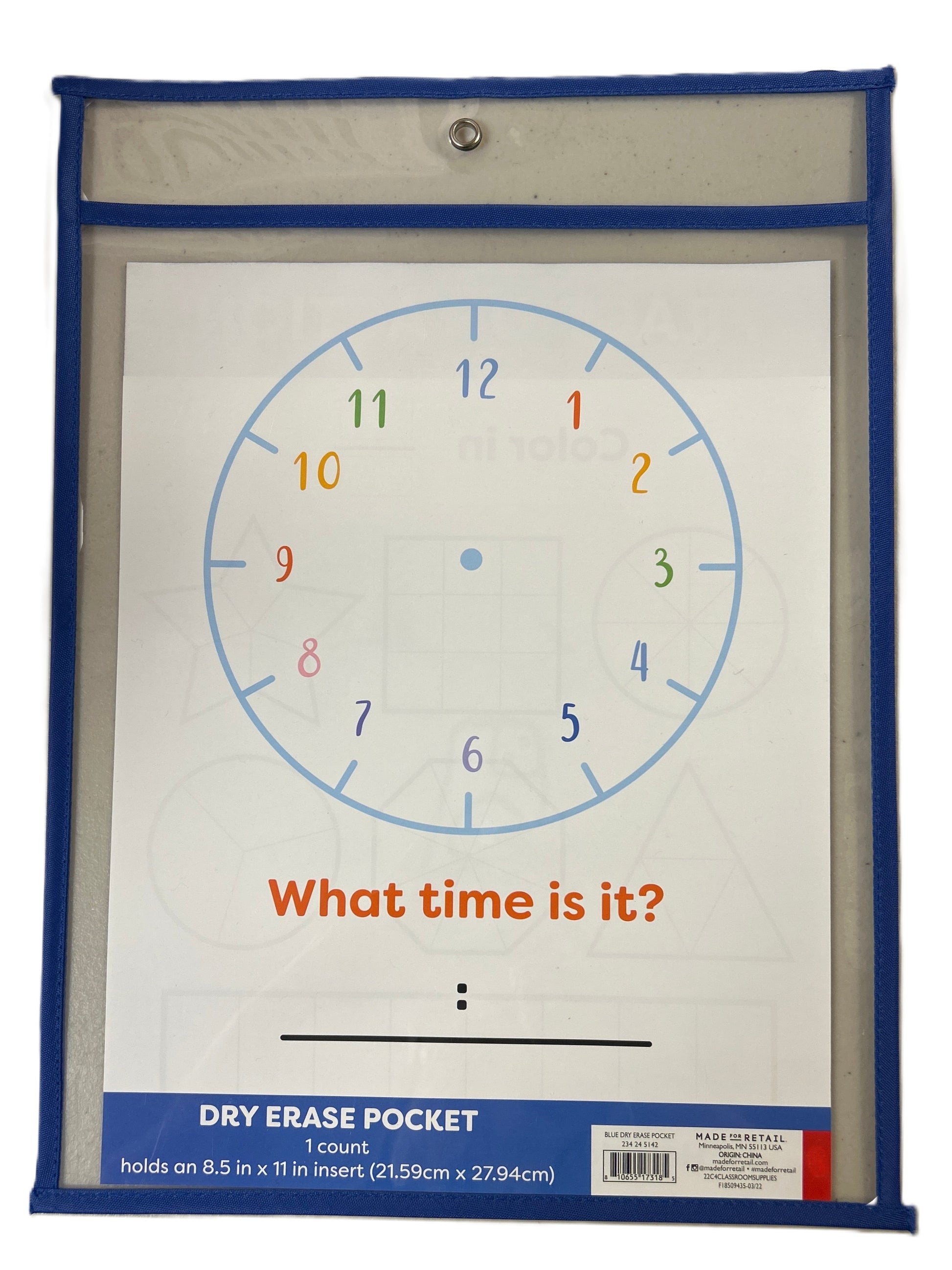 Dry erase pocket with clock diagram and text 'What time is it?' on a white background