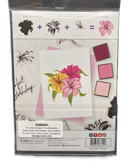 Packaging of a stamp set with floral designs and text on a white background