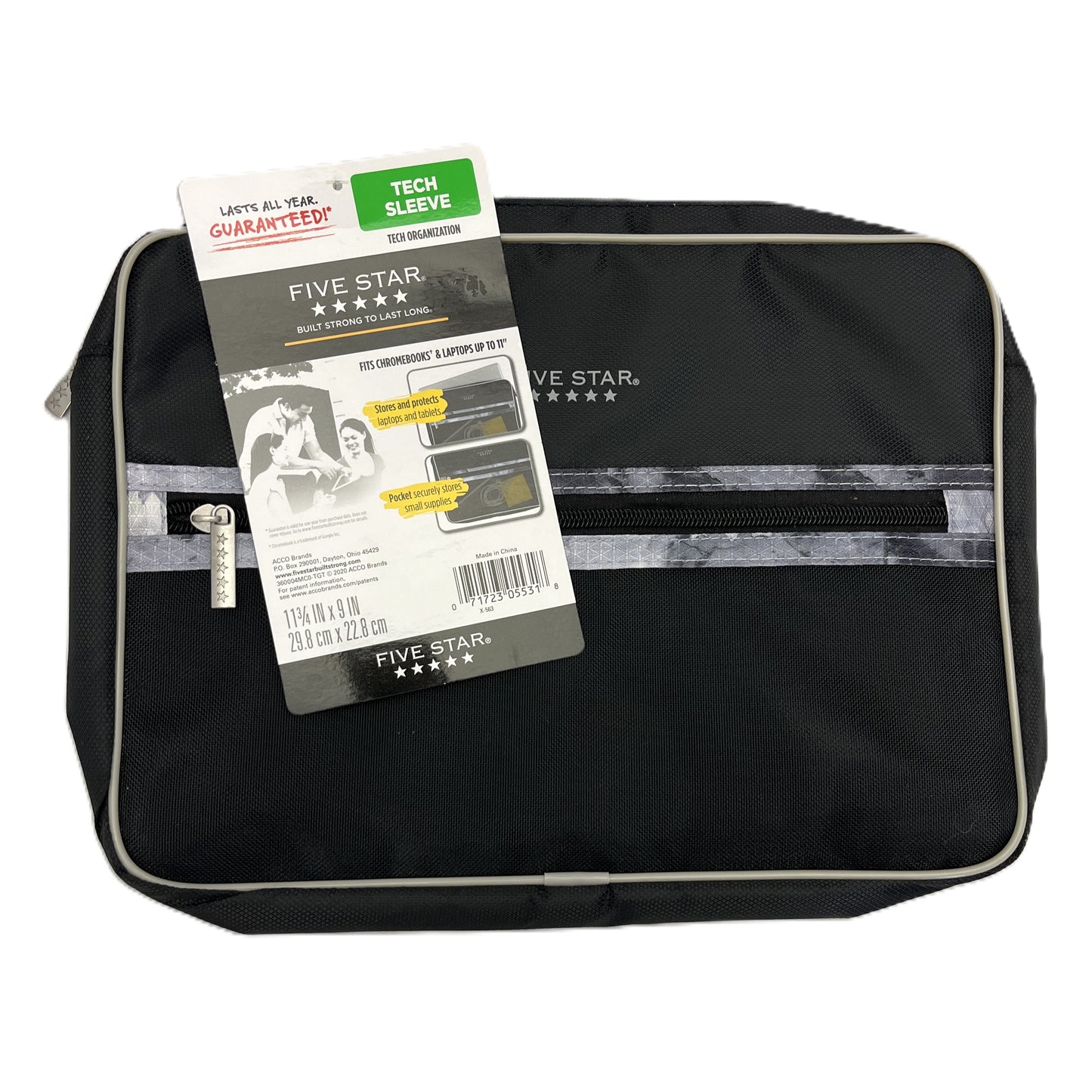 Black Five Star bag with a tech sleeve attached on a white background