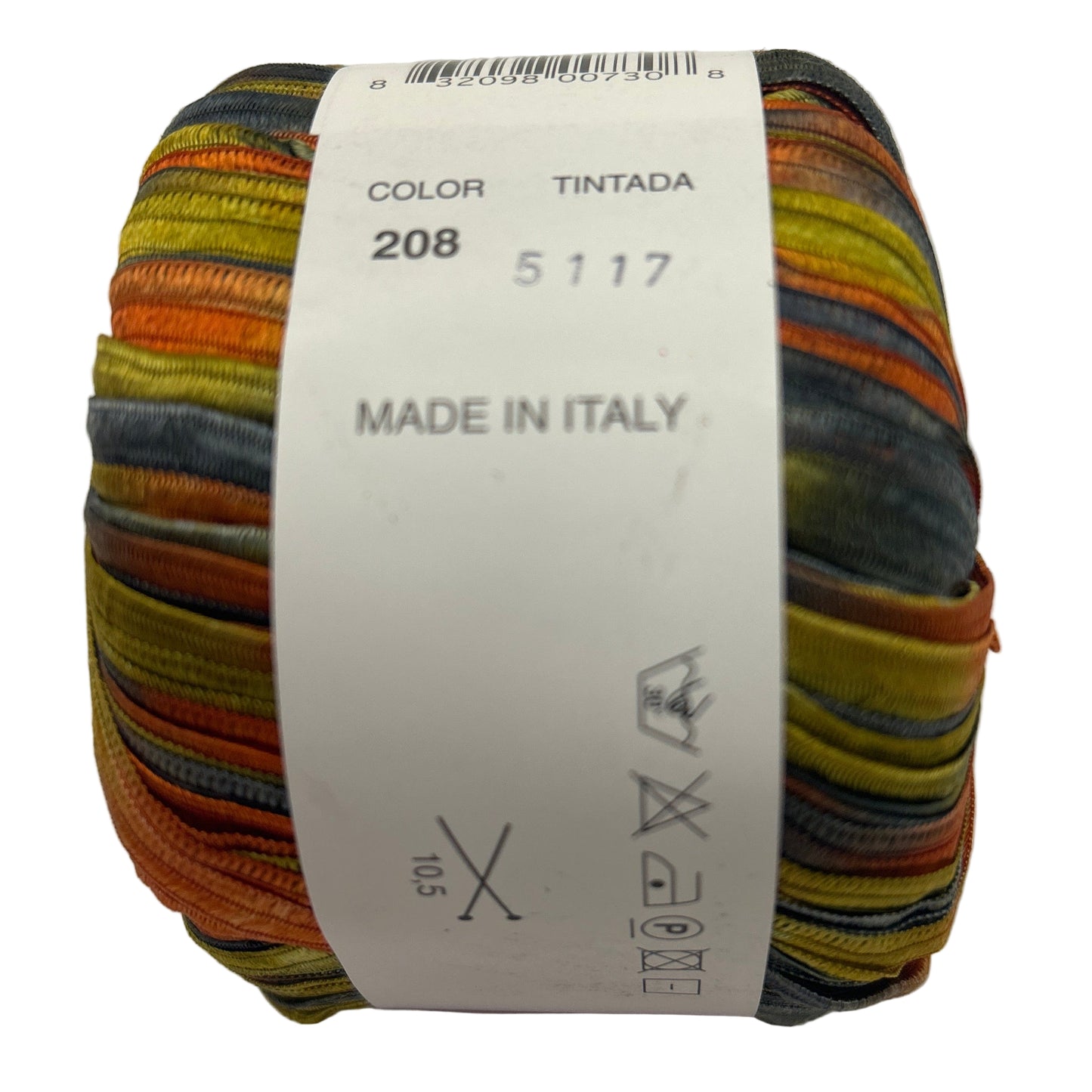 Multicolored yarn ball with a label on a white background
