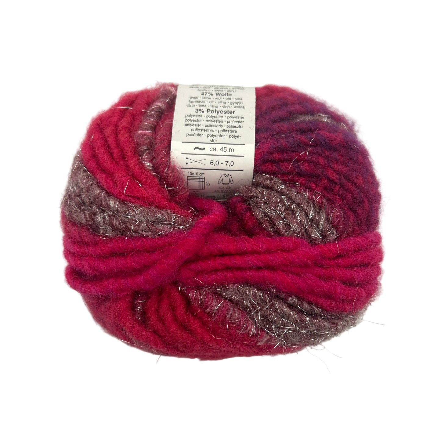 Red and brown yarn ball with a label on a white background