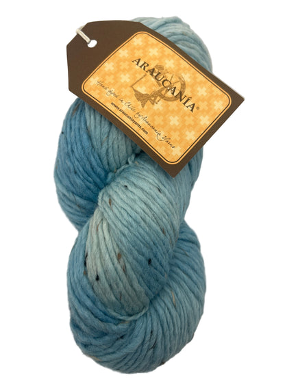 Blue skein of yarn with a 'Araucania' label on a white background