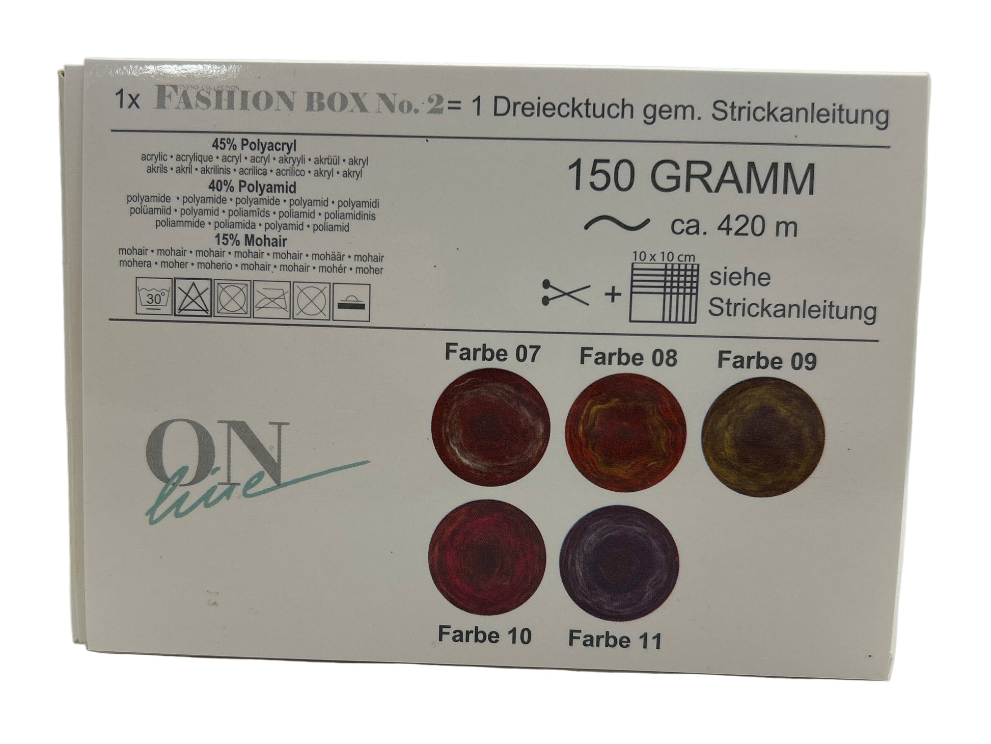 Cardboard box with fabric swatches and text on a white background
