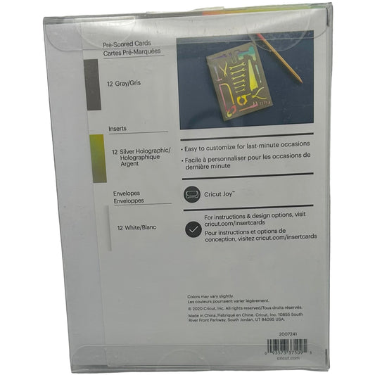 Cricut card and envelope set packaging with product details on a white background