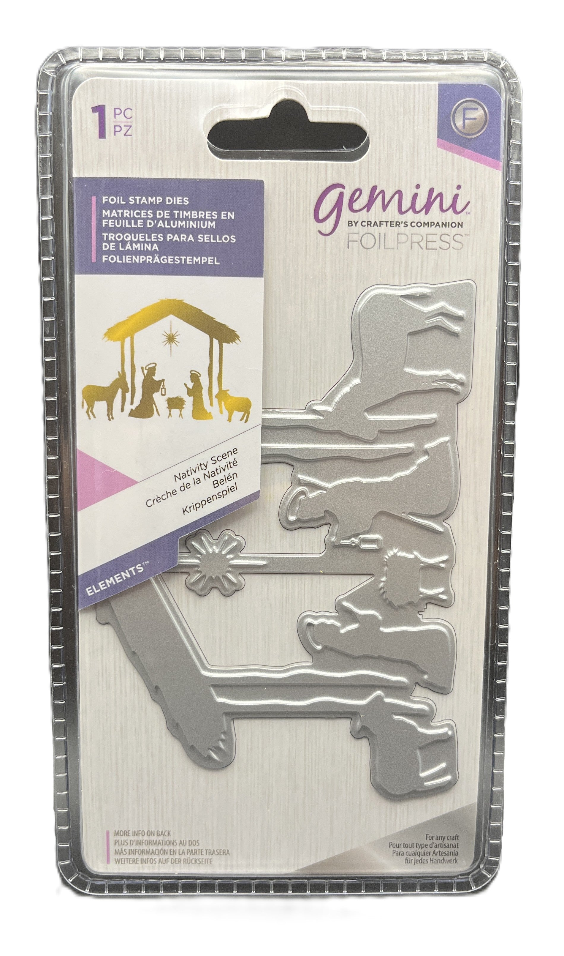 Foil stamp die set packaging with nativity scene design on a white background