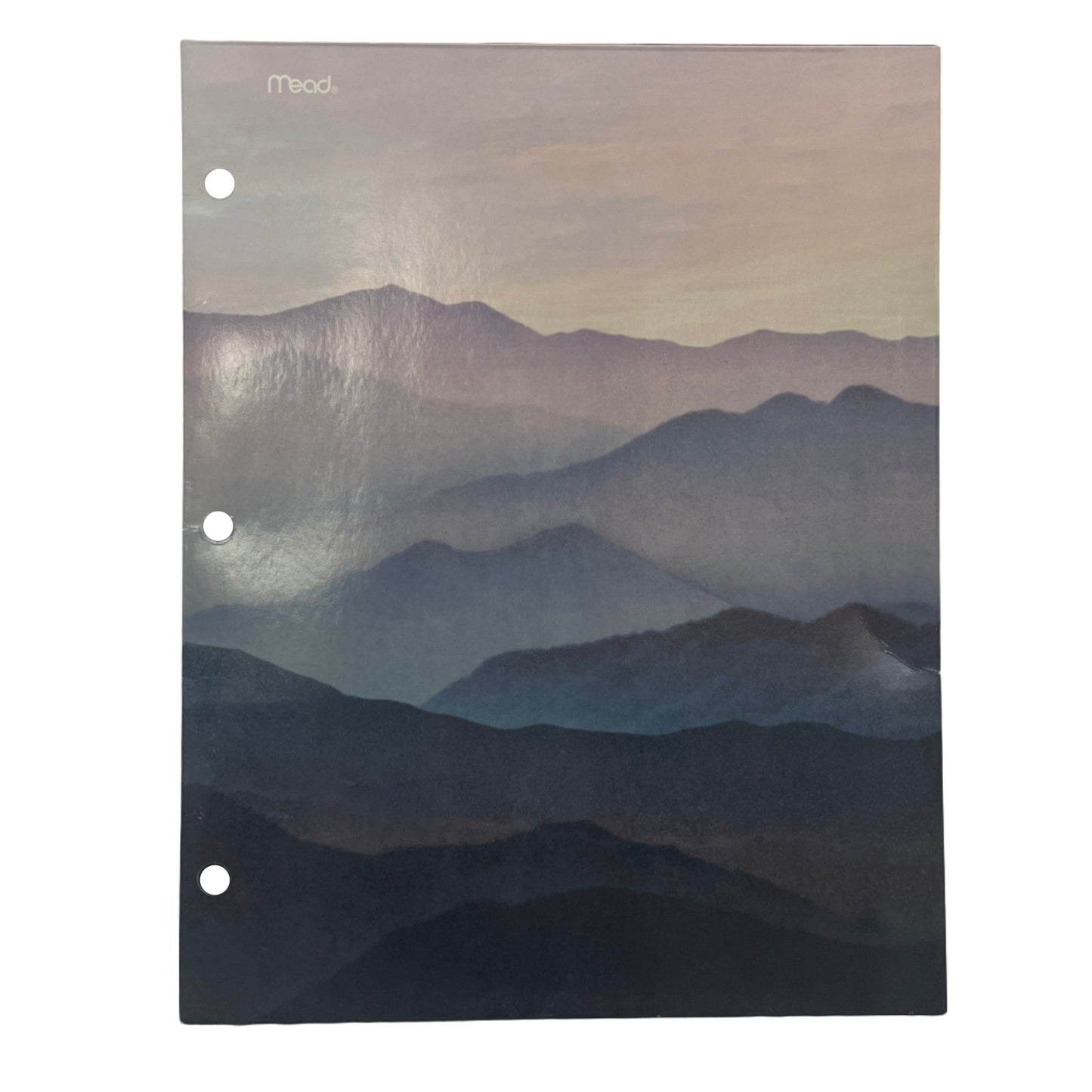 Three-ring binder with mountain landscape design on a white background