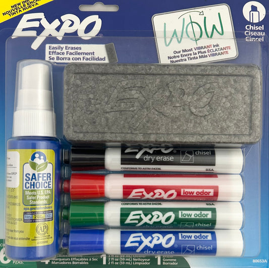 Expo dry erase marker set with eraser and cleaning spray in packaging