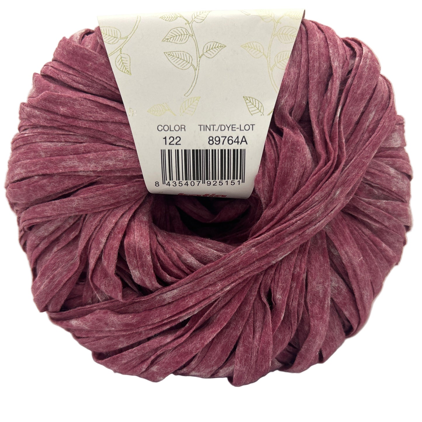 Ball of pink yarn with a label on a white background