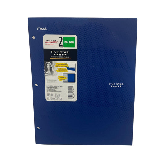 Blue notebook with labels on a white background