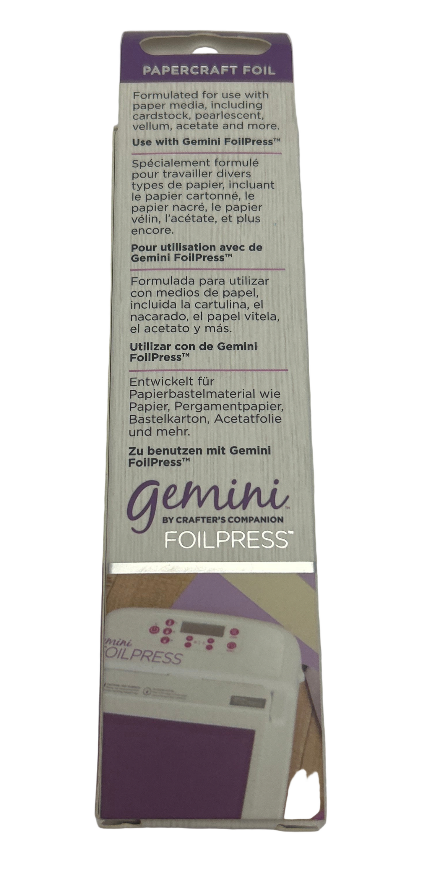 Box of Gemini Folypress papercraft foil on a gray background