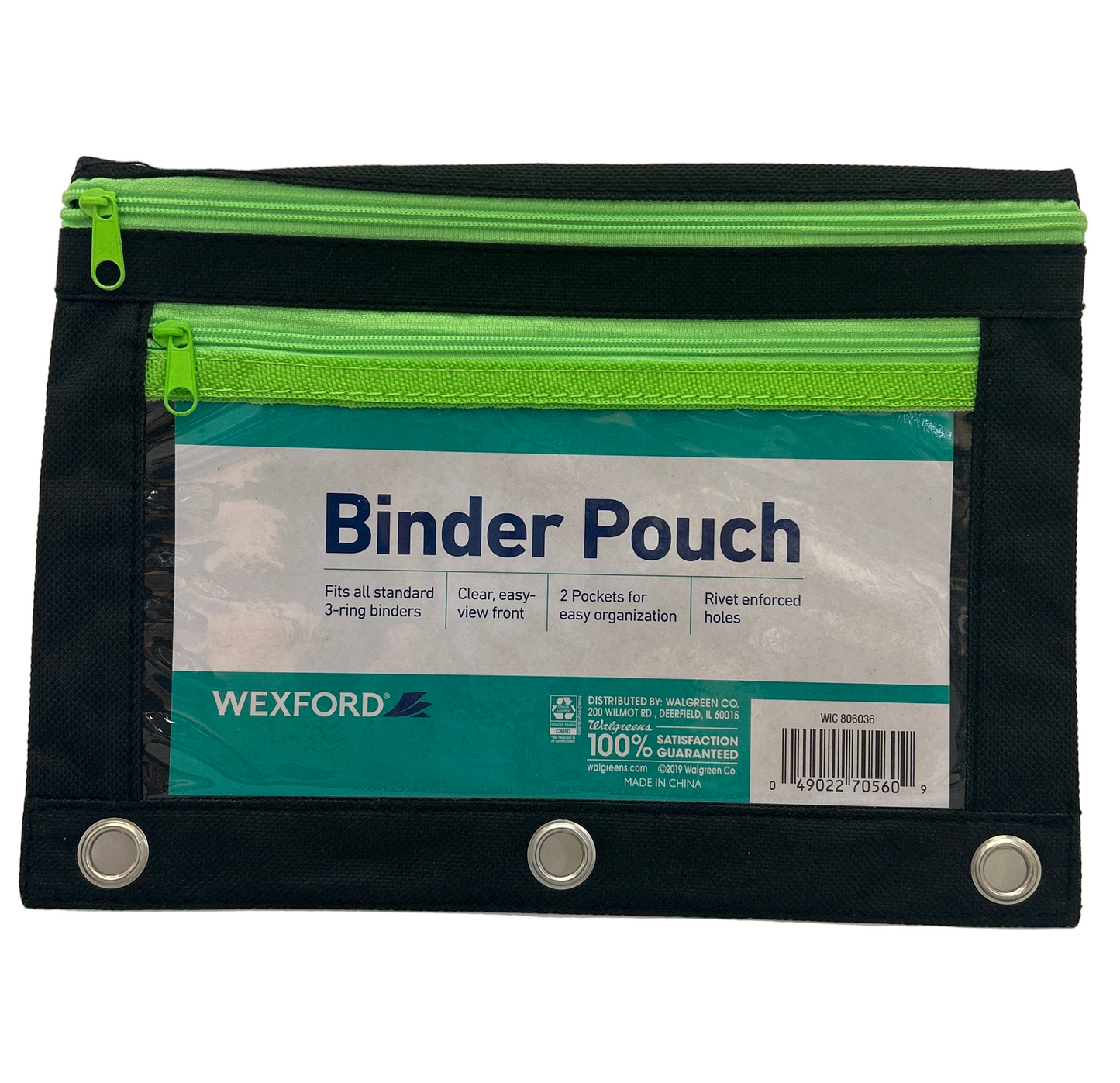 Black binder pouch with green zippers and Wexford branding on a white background