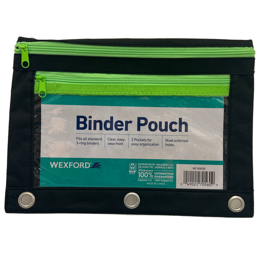Black binder pouch with green zippers and Wexford branding on a white background