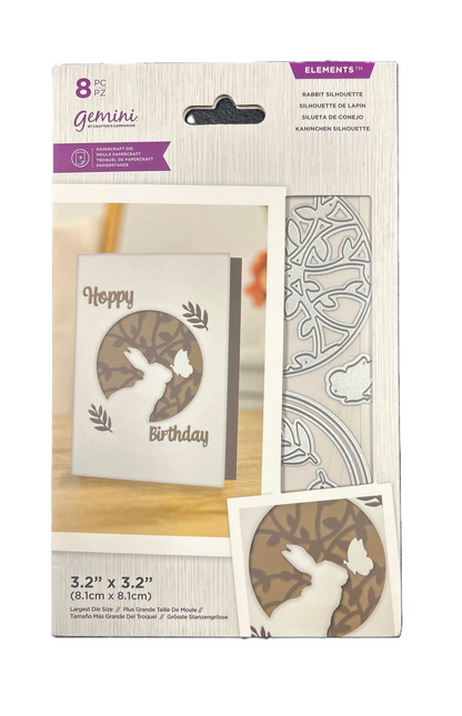 Packaging of Gemini rubber stamps with a rabbit design and 'Happy Birthday' text.