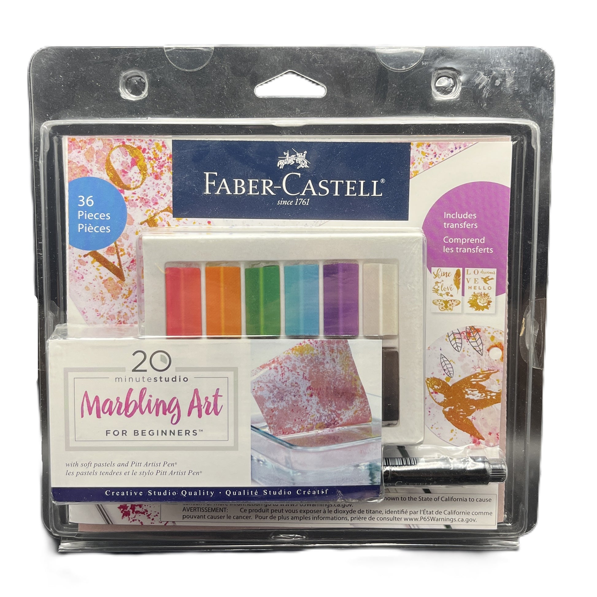 Faber-Castell marbling art set packaging with colorful samples and branding.