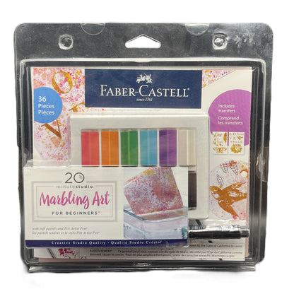 Faber-Castell marbling art set packaging with colorful samples and branding.