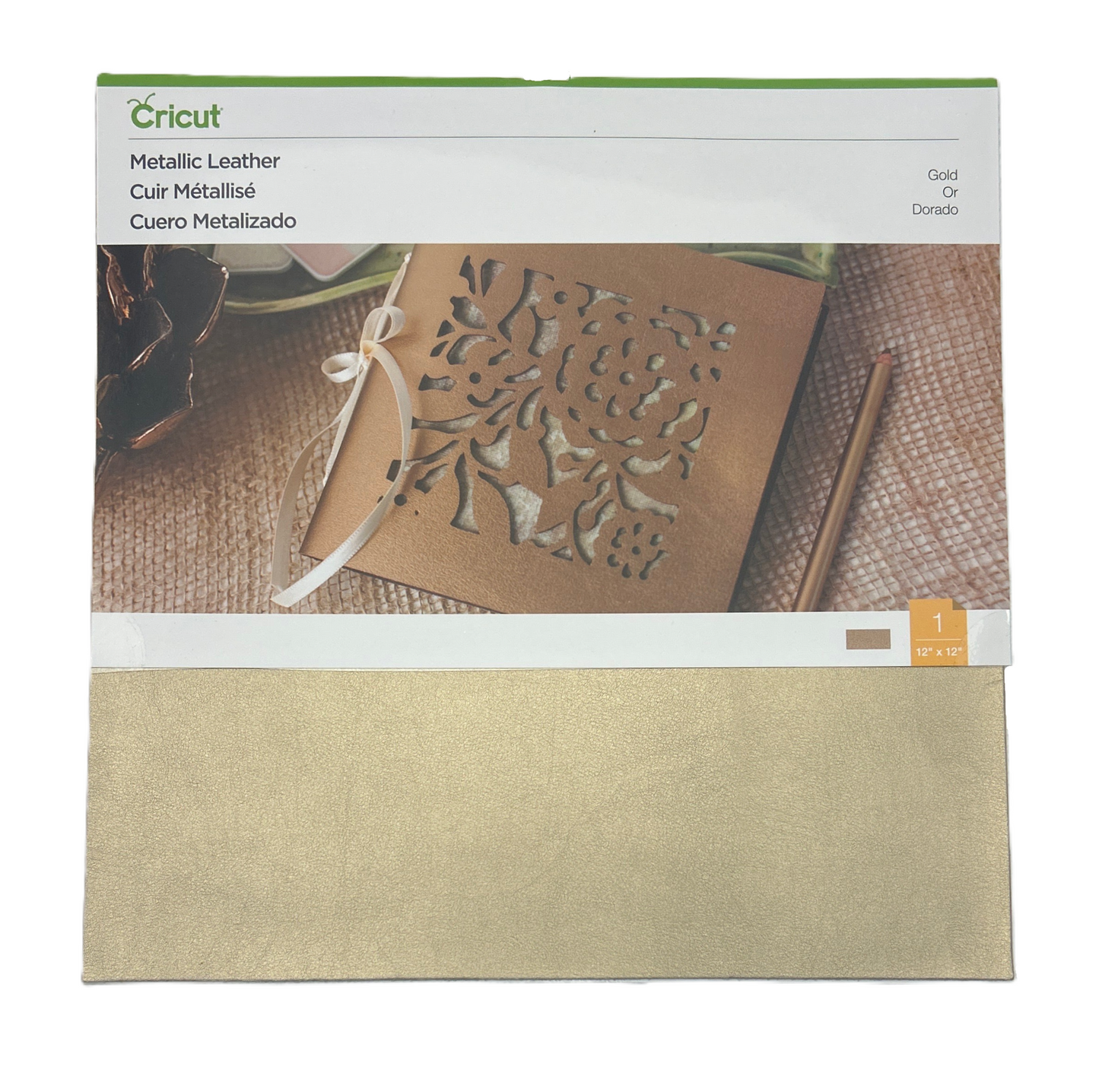 Cricut metallic leather sheet with decorative design on packaging
