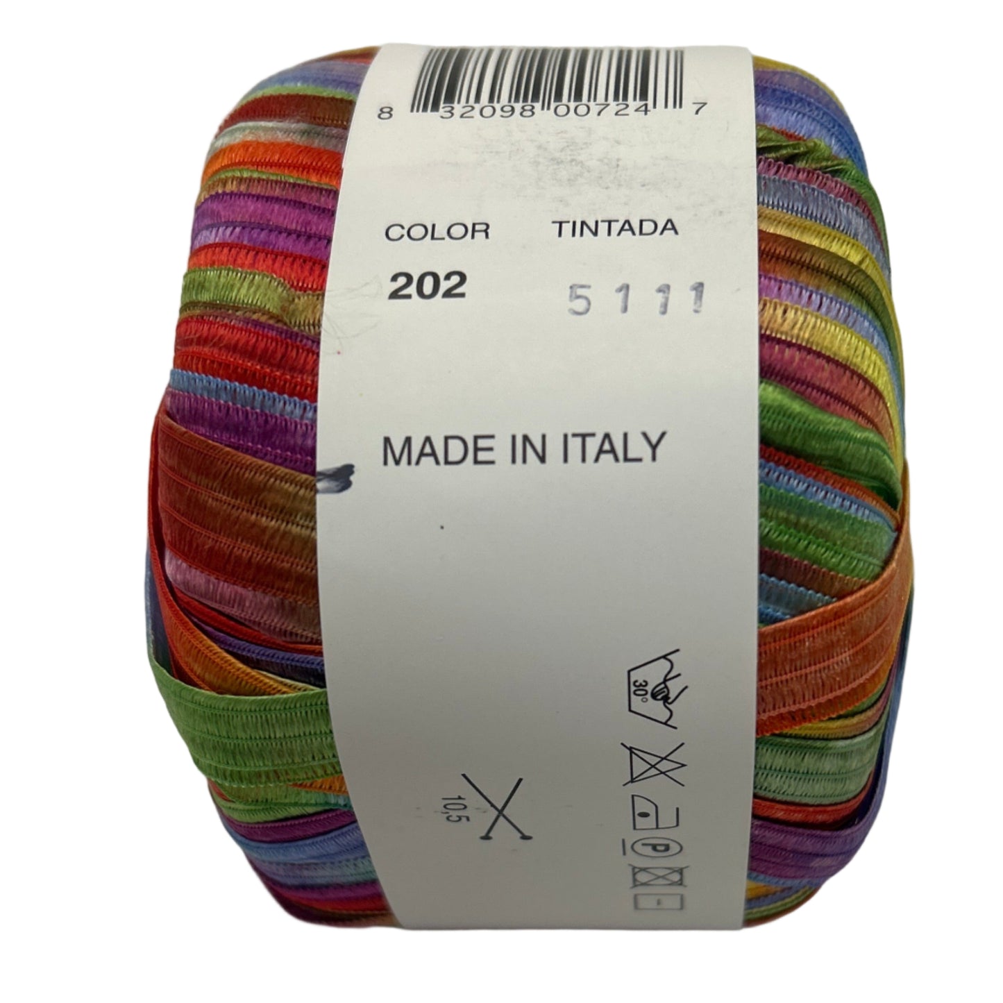 Multicolored yarn ball with a label on a white background