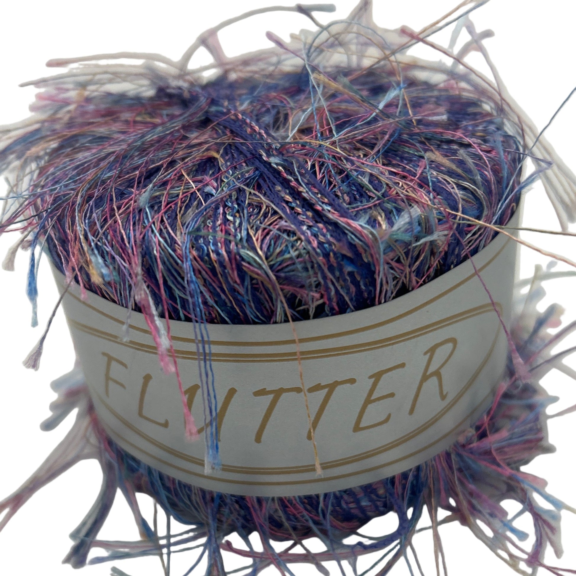 Multicolored yarn ball with 'Flutter' label on a white background