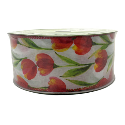 Bright Pink Tulip Floral - 2.5” x 50 yds - Wire Edged Premium Ribbon