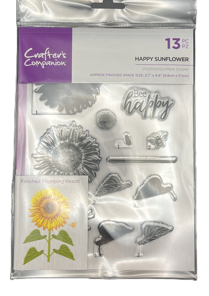 Packaged set of metal stamps with sunflower design and 'Happy Sunflower' text, featuring Crafter's Companion branding.