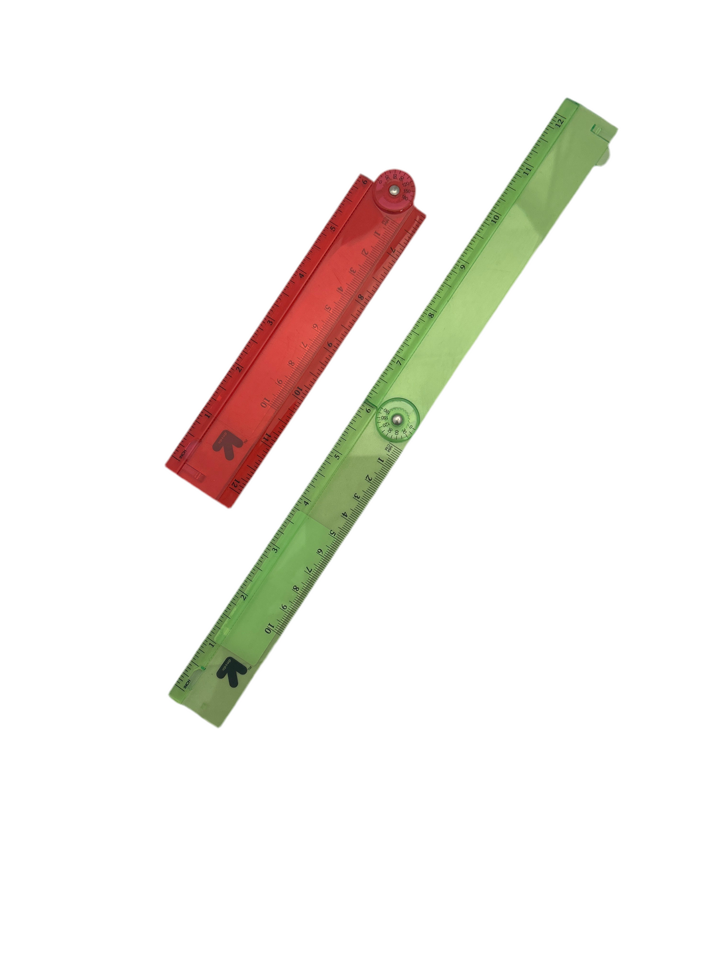 Two rulers, one red and one green, on a white background