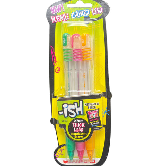 Packaged mechanical pencils with colorful leads and erasers on a white background