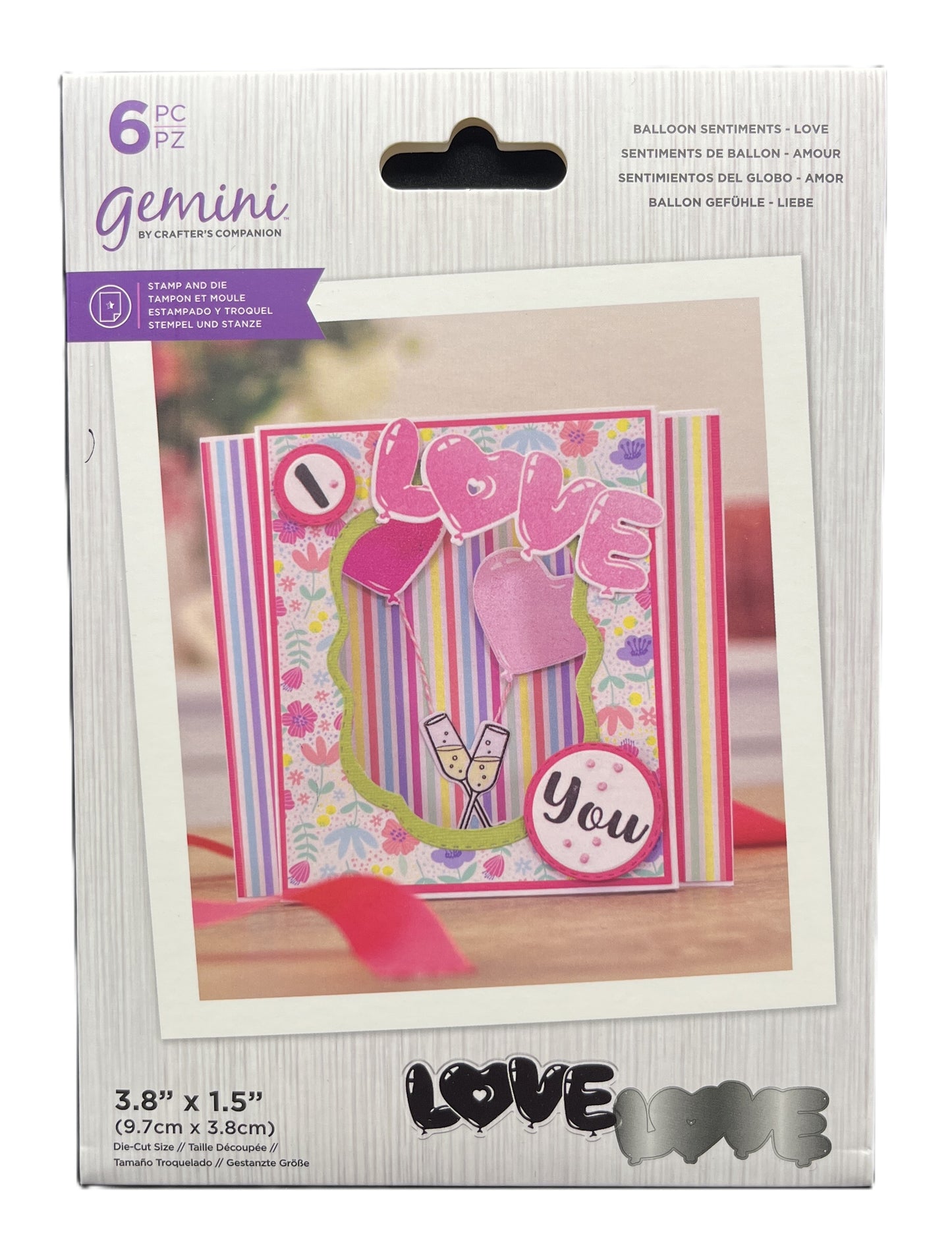 Packaging of Gemini craft supplies with a card featuring 'LOVE' and flowers.