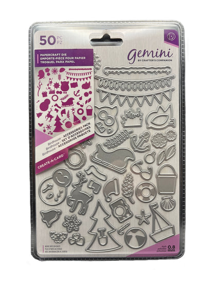 Packaged Gemini paper craft die set with various shapes on a white background