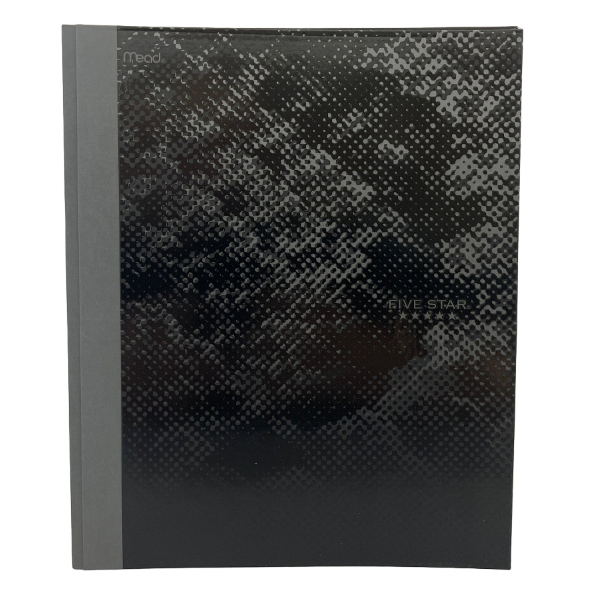 Black notebook with carbon fiber texture on a white background