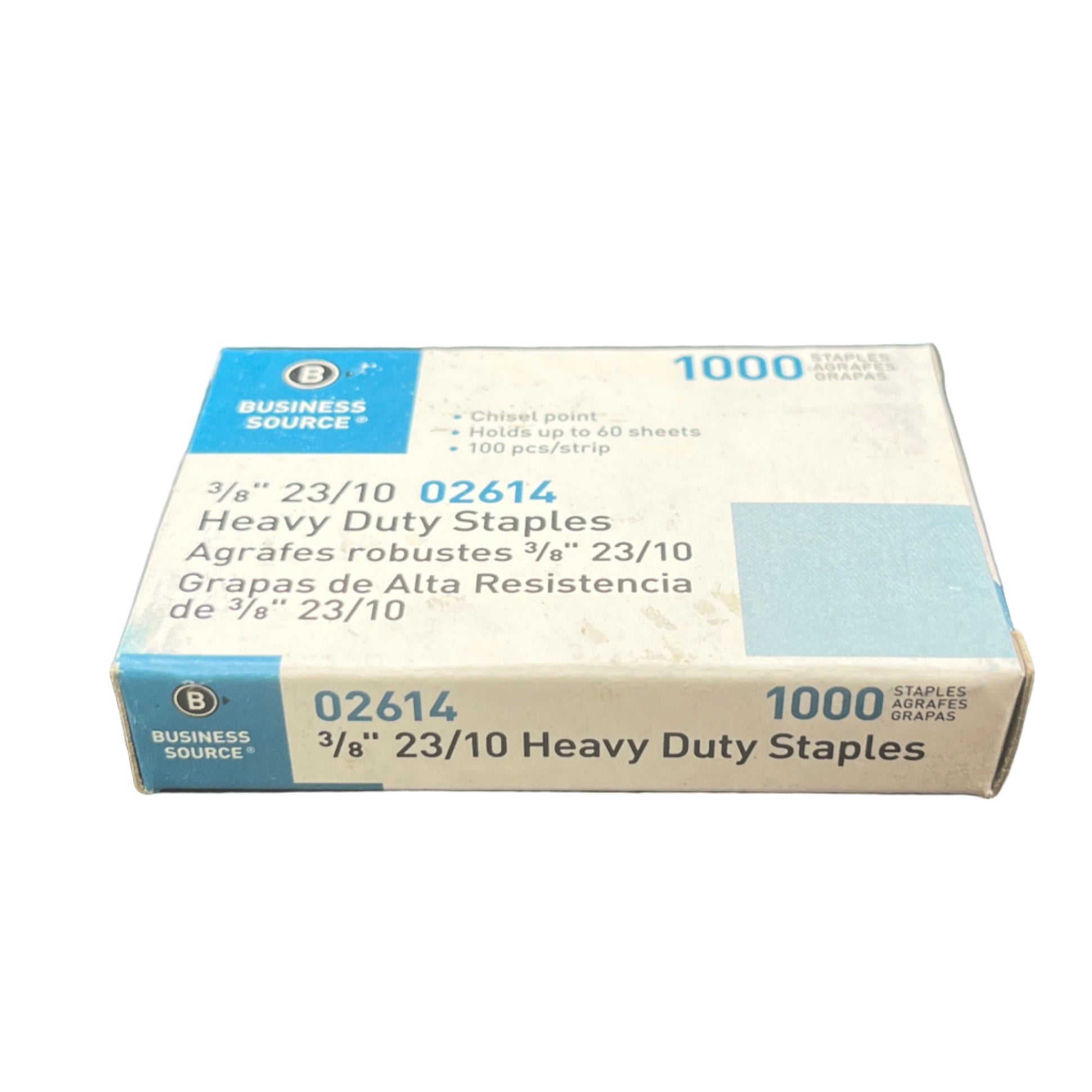 Box of Business Source heavy duty staples on a white background