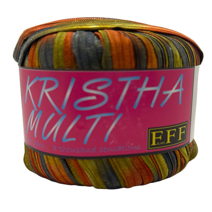 Colorful yarn ball with a pink label on a white background