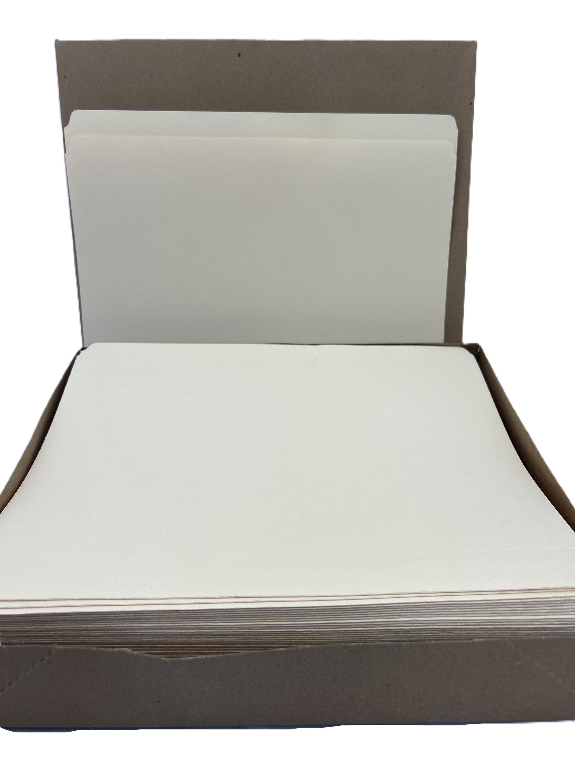 Open box containing white sheets of paper on a white background