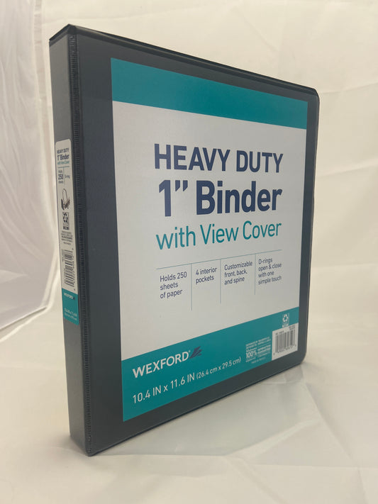 Heavy-duty 1-inch binder with view cover on a white background