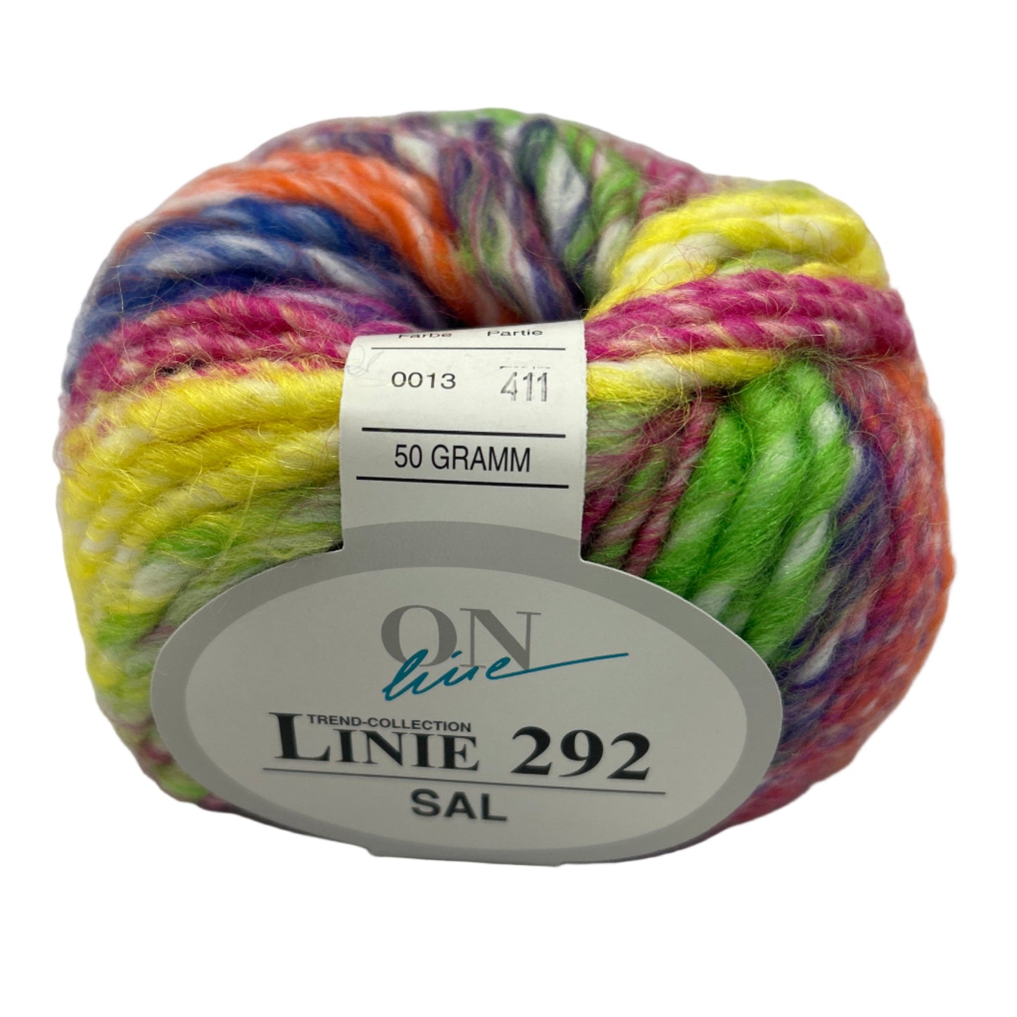 Multicolored yarn ball with a label on a white background