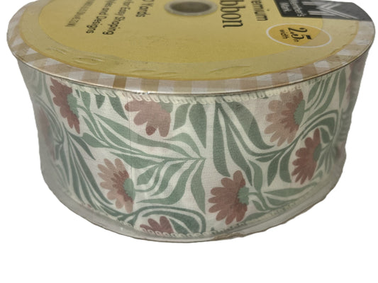 Spool of floral-patterned ribbon with a yellow label on a white background