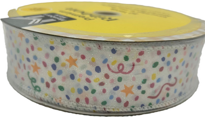 Roll of ribbon with colorful patterns on a white background