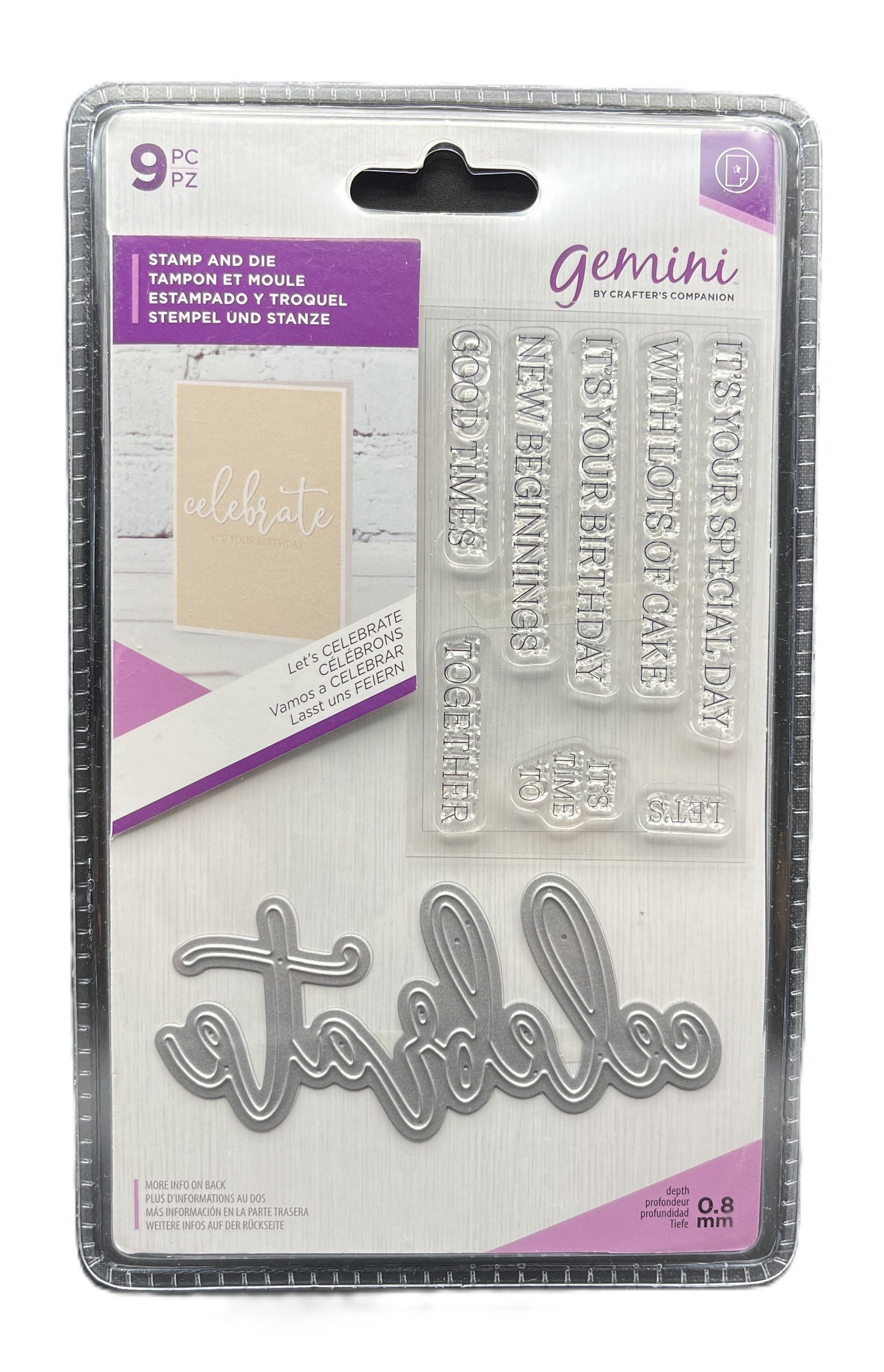 Packaging of Gemini stamp and die set with clear stamps and metal die on a white background