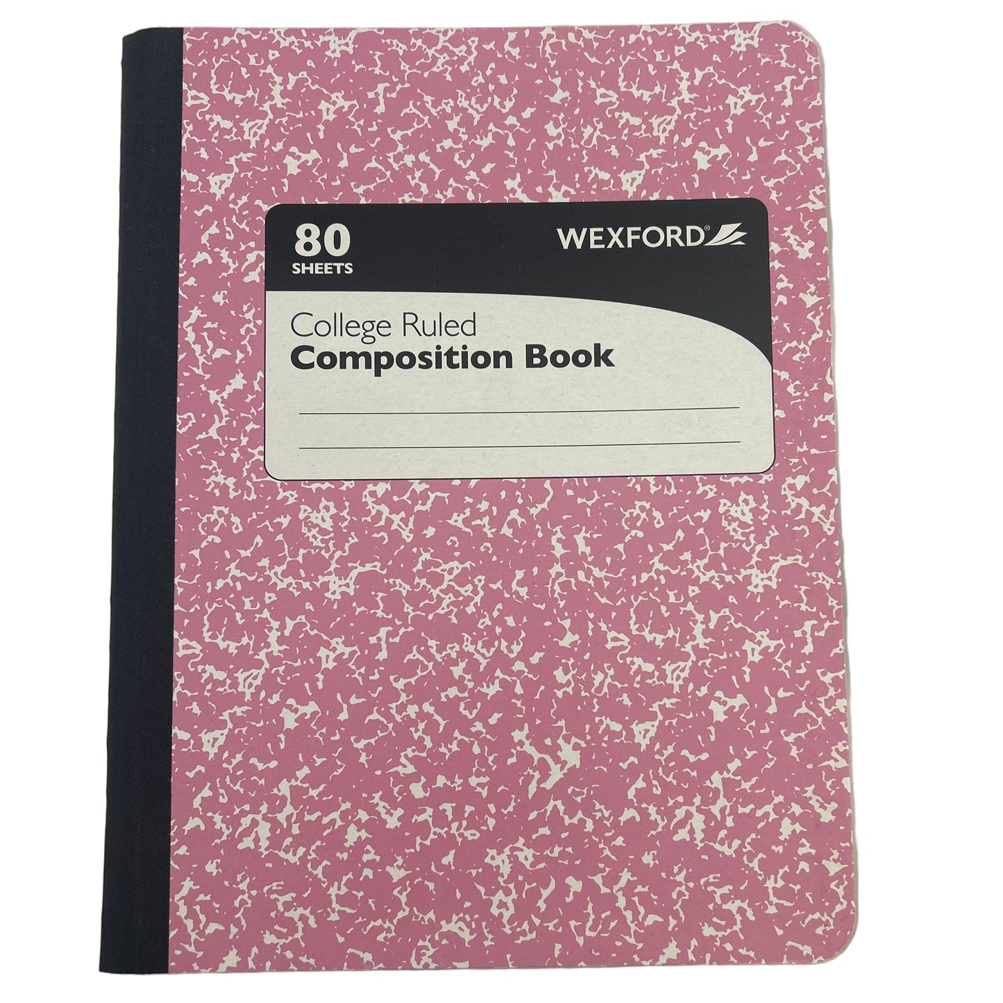 Pink composition book with Wexford branding on a white background