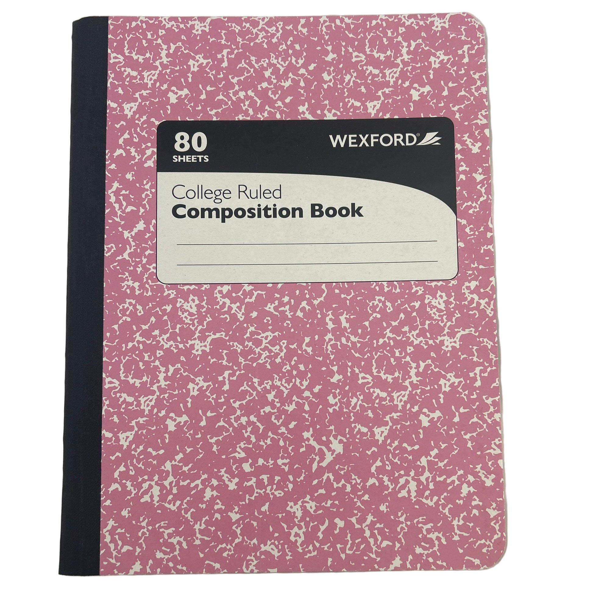 Pink composition book with Wexford branding on a white background