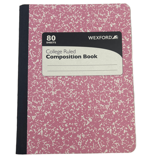Pink composition book with Wexford branding on a white background